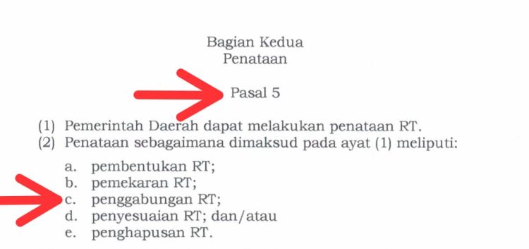 bunyi Pasal 5 Perwal Nomor 6 Tahun 2025 yang menegaskan kewajiban penataan RT oleh Pemerintah Daerah, termasuk penggabungan jika jumlah penduduk tidak mencukupi (Sumber: Dokumen LPKNI)