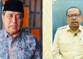 Anggota DPR RI H. Hasan Basri (kiri) dan Wakil Kepala Staf Kepresidenan Dr. Muhammad Qodari (kanan) menyampaikan ucapan selamat Hari Bhayangkara ke-79 tahun 2025. (Dok. Stepanus)