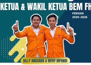 Billy Anggara Jufri dan Rifky Irpandi, calon Ketua dan Wakil Ketua BEM Fakultas Hukum Universitas Jambi, berpose usai debat kandidat, Sabtu (21/6/2025). (Dok, BEM FH UNJA)