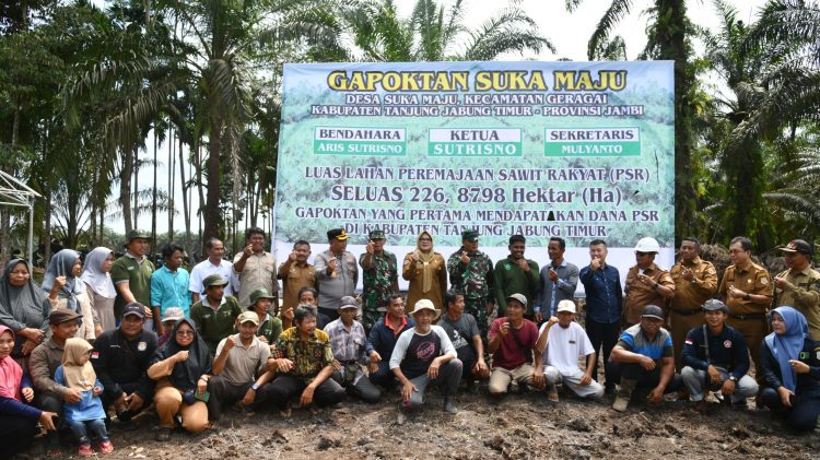 Bupati Tanjung Jabung Timur Hj. Dillah Hikmah Sari, S.E., M.E. bersama Panglima Kogabwilhan I Letjen TNI Kunto Arief Wibowo, jajaran TNI, dan para petani sawit saat penanaman perdana Program Peremajaan Sawit Rakyat (PSR) di Desa Suka Maju, Kecamatan Geragai, Senin (2/6/2025). (Dok. Agus - Kominfo)
