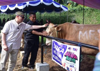 Presiden Direktur JNE, M. Feriadi Soeprapto, menyapa hewan kurban yang akan disembelih dalam perayaan Idul Adha 1446 H di Yayasan Yatuna Soeprapto Soeparno, Jakarta Timur, Jumat (6/6/2025). (Dok,. Humas JNE)