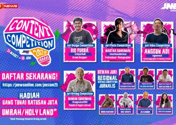 Poster resmi JNE Content Competition 2025 yang menampilkan jajaran dewan juri dari berbagai kategori lomba desain, foto, video, serta penulisan umum dan jurnalistik regional. (Dok. JNE)