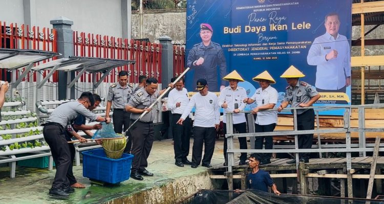 Direktur TEKFORMA dan Kerja Sama Pemasyarakatan Ditjen PAS, Maulidi Hilal, bersama Kepala Kanwil Kemenkumham Jambi, Hidayat, dan jajaran  panen raya ikan lele di Lapas Kelas IIA Jambi, Rabu (12/6/2025). (Dok. Yola)