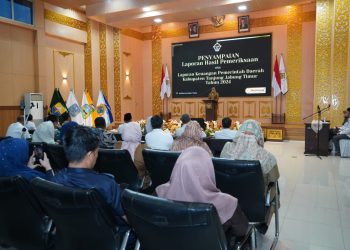 Bupati Tanjung Jabung Timur, Hj. Dillah Hilmah Sari, menyampaikan sambutan dalam acara penyerahan Laporan Hasil Pemeriksaan (LHP) oleh BPK RI di Auditorium Sultan Thaha, Jambi, Senin (30/6/2025). (Dok Kominfo)
