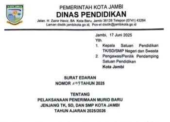 Surat Edaran Dinas Pendidikan Kota Jambi Nomor 2159 Tahun 2025 menegaskan bahwa seluruh proses penerimaan murid baru tahun ajaran 2025/2026 tidak dipungut biaya dan bebas pungli. (Dok. Dinas Pendidikan Kota Jambi)