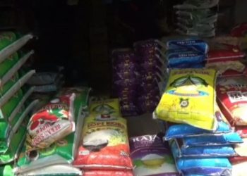 Tumpukan karung beras berbagai merek di sebuah toko beras di Desa Rengas Bandung, Kecamatan Jambi Luar Kota, Kabupaten Muaro Jambi. (Dok. Stepanus)