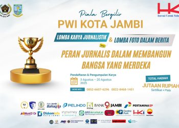 Poster resmi Lomba Karya Jurnalistik dan Lomba Foto dalam Berita PWI Kota Jambi 2025 bertema “Peran Jurnalis dalam Membangun Bangsa yang Merdeka”, dengan pendaftaran dibuka 3–20 Agustus 2025 dan total hadiah jutaan rupiah. (Dok. PWI)