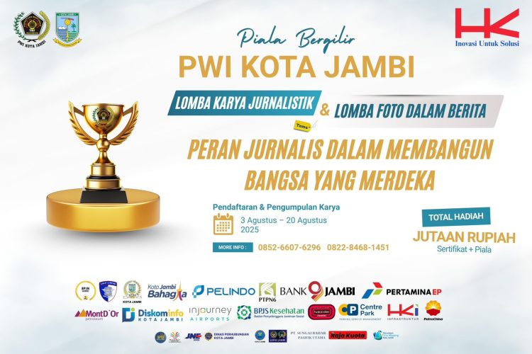 Poster resmi Lomba Karya Jurnalistik dan Lomba Foto dalam Berita PWI Kota Jambi 2025 bertema “Peran Jurnalis dalam Membangun Bangsa yang Merdeka”, dengan pendaftaran dibuka 3–20 Agustus 2025 dan total hadiah jutaan rupiah. (Dok. PWI)
