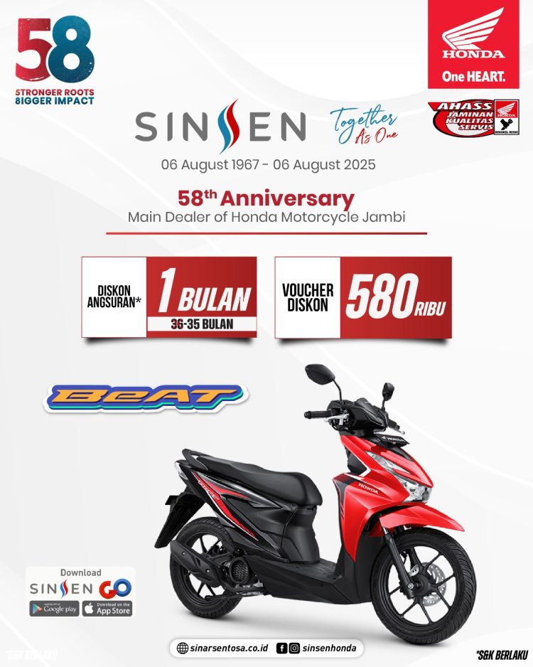 Poster promosi HUT ke-58 Sinsen, main dealer Honda Jambi, yang menghadirkan diskon Rp580 ribu untuk pembelian Honda BeAT Sporty Series selama Agustus 2025. (Dok. Sinsen)