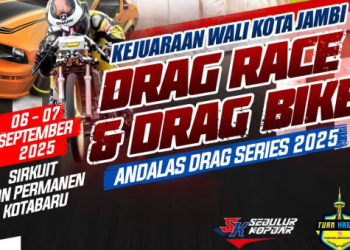 Poster resmi Kejuaraan Drag Race & Drag Bike 2025 yang akan berlangsung di Sirkuit Non Permanen Kotabaru, Kota Jambi, pada 6–7 September 2025. (Dok. Pemkot)