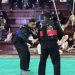 Dua pesilat bertanding pada Kejuaraan Nasional Pencak Silat Jambi Championship II Tahun 2025 di GOR Kota Baru, Jambi. Tim Pencak Silat Militer Korem 042/Gapu berhasil meraih Juara Umum I dalam ajang tersebut. (Dok. Nahar)
