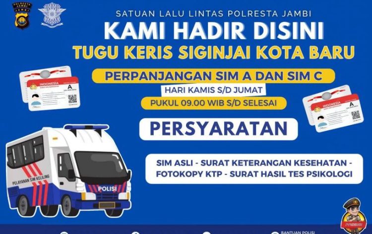 Unit SIM Keliling Satlantas Polresta Jambi siap melayani masyarakat untuk perpanjangan SIM A dan SIM C di Tugu Keris Siginjai, Kota Baru, Kamis–Jumat (4–5/9/2025) mulai pukul 09.00 WIB. (Dok. Polresta Jambi)