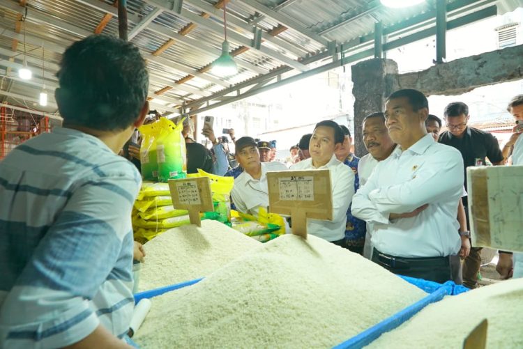 Menteri Pertanian Andi Amran Sulaiman bersama Ketua DPD RI Sultan B. Najamudin dan Wagub Bengkulu Mian saat meninjau harga beras di Pasar Panorama, Kota Bengkulu, Rabu (17/9/2025). (Dok. Yola)