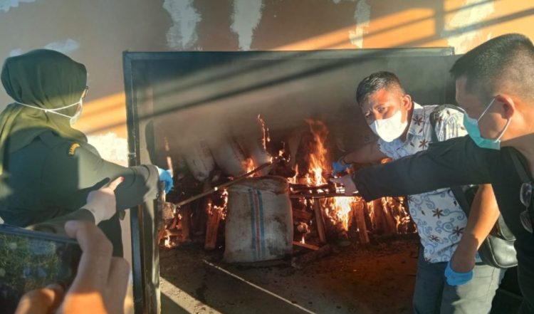 Petugas Polairud Polda Jambi dan Balai Karantina Pertanian memusnahkan barang bukti ikan asin ilegal dengan cara dibakar di Jambi, Rabu (29/10/2025). (Dok. Nahar)