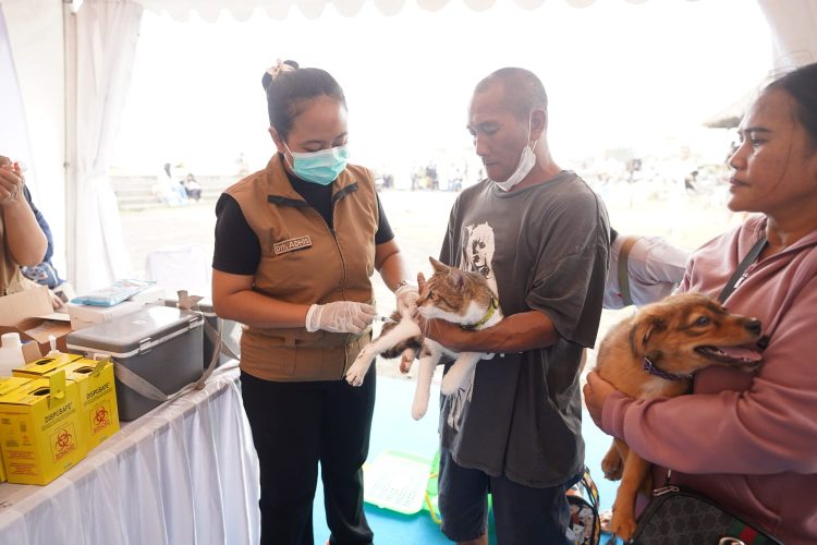Petugas medis melakukan vaksinasi rabies pada hewan peliharaan milik warga saat kampanye rabies yang digelar Bhayangkari dalam rangka HKG ke-73 di Kabupaten Buleleng, Bali, Senin (29/9/2025). (Dok. Humas)