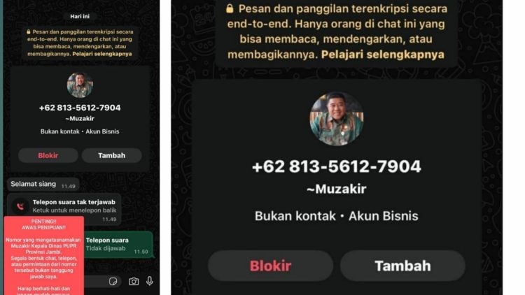 Tangkapan layar nomor WhatsApp mencatut nama dan foto Kepala Dinas PUPR Provinsi Jambi, Muzakir. (Dok. Bayu)