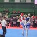 Atlet taekwondo Jambi, M. Wijaya Hamzah (pelindung merah), beraksi melawan Pandu Wijaya dari DKI Jakarta dalam partai final kelas under 75 kg PON Bela Diri 2025 di GOR Djarum, Kudus, Jawa Tengah, Minggu (12/10/2025). (Dok. Koni Jambi)