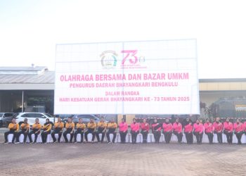 Kapolda Bengkulu Irjen Pol. Mardiyono, S.I.K., M.Si. bersama jajaran dan Pengurus Daerah Bhayangkari Bengkulu poto bersama usai mengikuti kegiatan olahraga bersama di Lapangan Anton Soedjarwo, Bengkulu, Selasa (14/10/2025). (Dol. Yola)