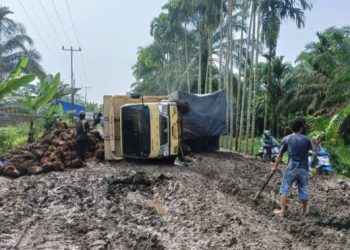 Truk pengangkut sawit terguling di jalan berlumpur di ruas Jalan Lintas Provinsi Tanjung Jabung Timur. Pemkab menutup sementara jalur tersebut selama tujuh hari untuk mempercepat perbaikan dan menjaga keselamatan pengguna jalan, Rabu (26/11/2025). (Dok. Daus)