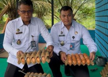 Kepala Lapas Kelas IIB Tebo bersama jajaran menunjukkan hasil panen telur ayam petelur yang dikelola melalui program pembinaan kemandirian warga binaan sebagai dukungan terhadap program ketahanan pangan. (Dok. Humas)