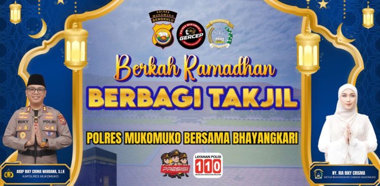Benner Pemberitahuan Polres Mukomuko Bersama Bhayangkari Laksanakan Pembagian Takjil Setiap Hari. (Dok/Dd)