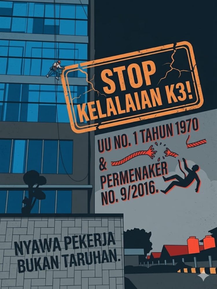 Ilustrasi pekerja pembersih kaca terlihat bekerja di ketinggian tanpa perlengkapan keselamatan lengkap, memicu sorotan terkait dugaan pelanggaran standar K3 di Bank Bengkulu. (foto:yola