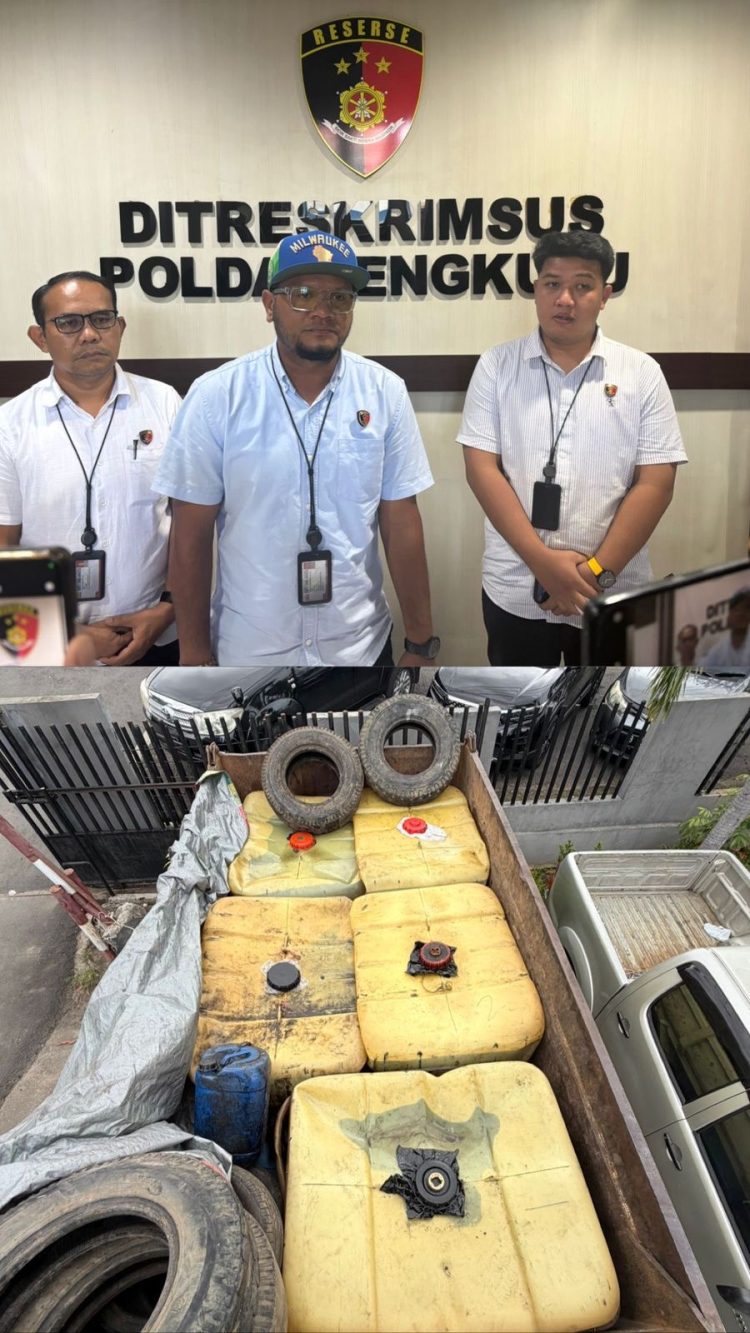 Barang bukti BBM subsidi jenis Bio Solar dan kendaraan dump truck yang diamankan Polda Bengkulu dalam kasus penyalahgunaan distribusi energi. (Foto:yola)