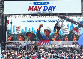 Presiden Prabowo Subianto menyampaikan pidato pada peringatan Hari Buruh Internasional (May Day) 2026 di Jakarta, Jumat (1/5/2026). (Dok. Biro Humas Kemnaker)