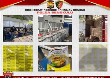 Barang bukti berupa ratusan ribu kemasan minyak goreng siap edar, mesin pengemasan, tangki penampungan minyak, timbangan digital, hingga stiker label halal, BPOM, dan identitas perusahaan yang digunakan dalam proses produksi ilegal. (foto:yola)