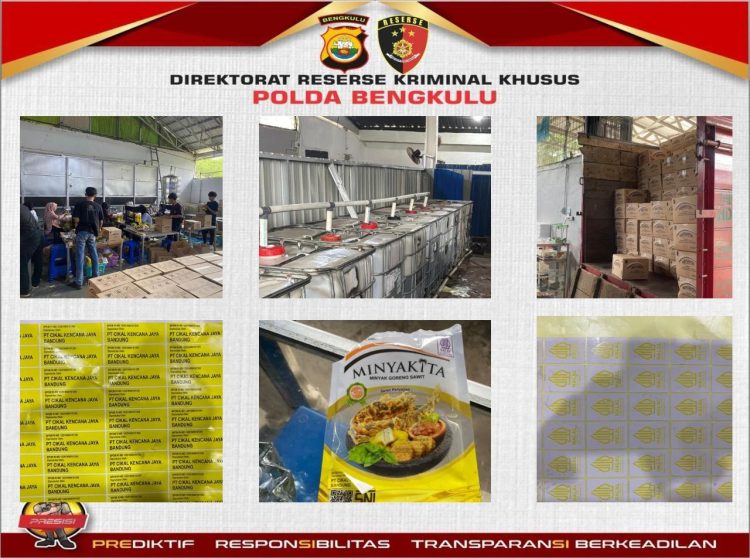 Barang bukti berupa ratusan ribu kemasan minyak goreng siap edar, mesin pengemasan, tangki penampungan minyak, timbangan digital, hingga stiker label halal, BPOM, dan identitas perusahaan yang digunakan dalam proses produksi ilegal. (foto:yola)