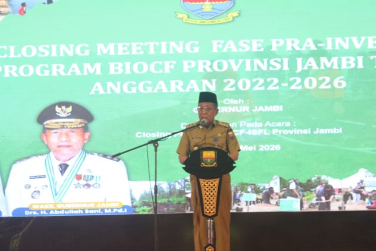 Wakil Gubernur Jambi Abdullah Sani menyampaikan sambutan saat closing meeting fase pra-investasi Program BioCF-ISFL di Swiss-Belhotel Jambi, Senin (4/5/2026) (Dok. Kominfo)