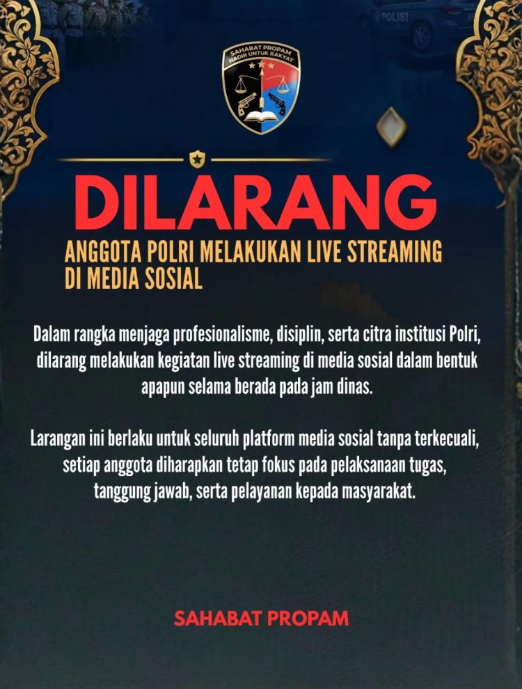 Poster imbauan Polda Jambi terkait larangan anggota Polri melakukan siaran langsung (live streaming) di media sosial saat bertugas (Dok. Humas Polda Jambi)